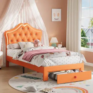 Twin Platform Bed Frame with LED Lights and Upholstered Crystal Button Headboard Storage Drawers Noise Free Slats No Box Spring Needed Easy Assembly
