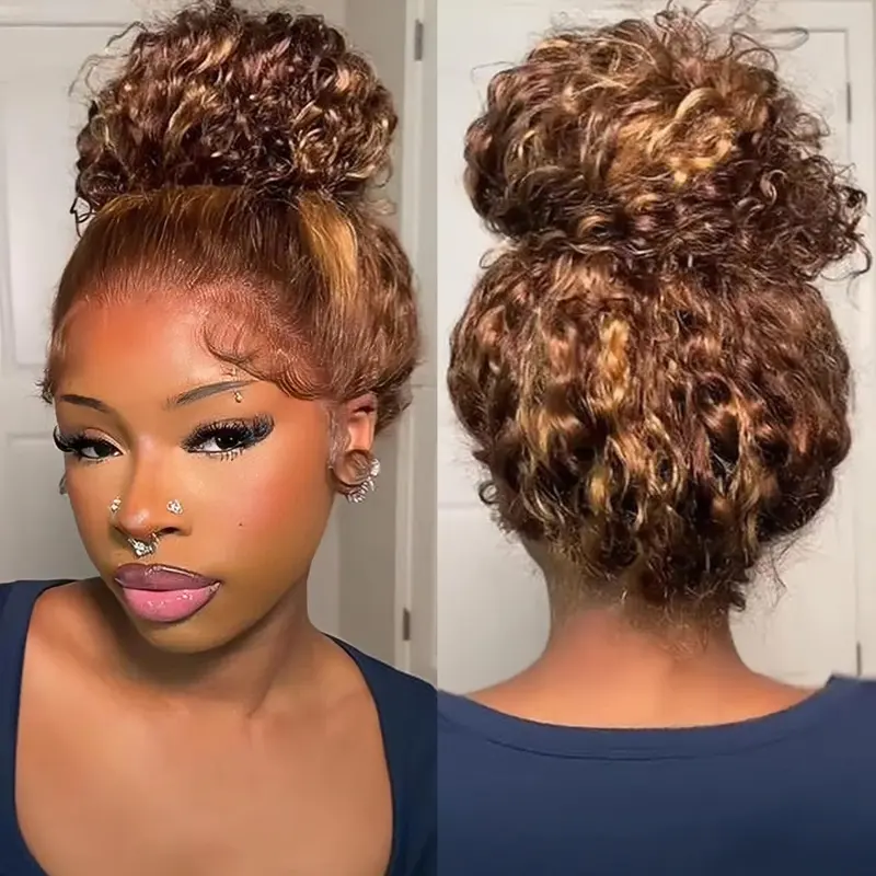Hidden Strap 360 Deep Wave Lace Front Wigs Human Hair 180% Density Honey Blonde Deep Curly Human Hair wig Ombre Deep Wave 4/27 Highlight Lace Front Wigs Wet And Wavy Water Wave Wig for Women 34 Inch