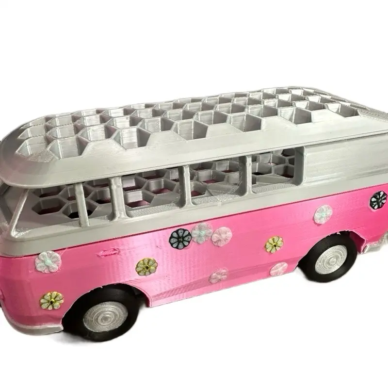 3D Printed Van-Shape Desk Organizer, Pink with Flower Decorations, Holds 45 Writing Utensils, Space-Saving Office Stationery Holder for Display & Storage, Office Girly Desk Accessories for Women, Desk Accessories Women