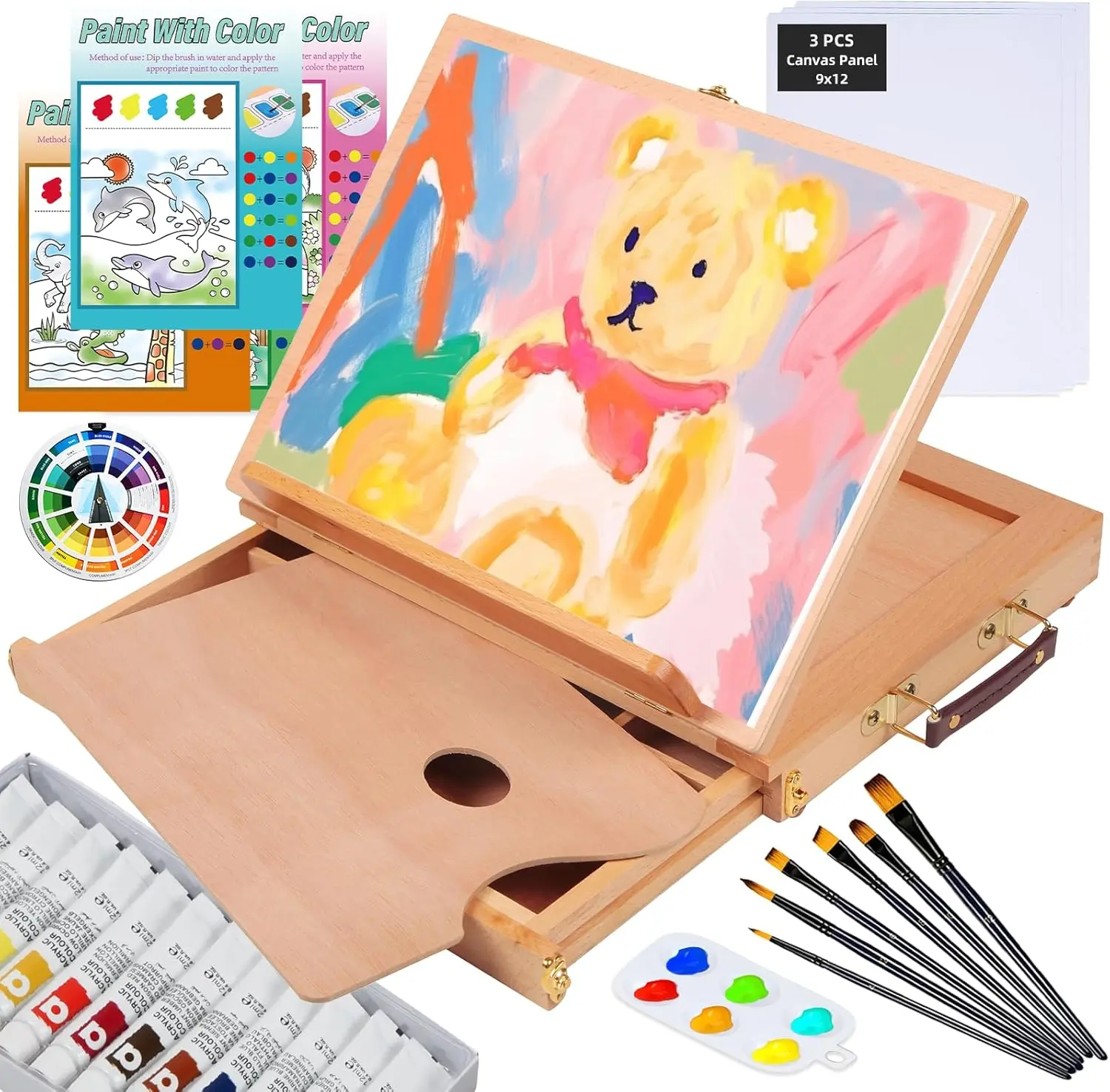 Falling in Art Tabletop Easel Set - 29 Pieces Starter Kit - Artist Acrylic Painting Kit with 12 Acrylic Paints Set, Canvas Panels, Brushes, Wooden Palette for Kids, Adults, Beginners, Professionals
