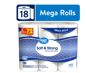 Great Value Soft & Strong Premium Toilet Paper, 18 Mega Rolls, 380 Sheets per Roll