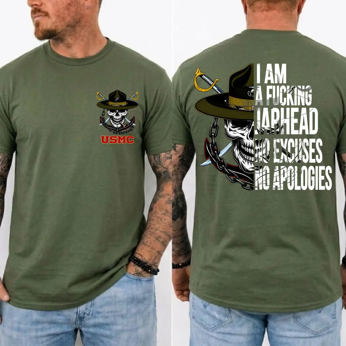 Usmc Jarhead Skull T-Shirt Sweatshirt Hoodie – No Excuses No Apologies Vintage Marine Graphic Tee, Unisex Sweater Pullover Tee