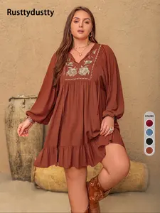 【Plus Size】 Floral Embroidery Tie Neck Dress, Boho Embroidered Bishop Sleeve Long Sleeve Woven Casual Wear Dress for Fall & Winter, Women's Clothes for Vacation Holiday, Bohemian