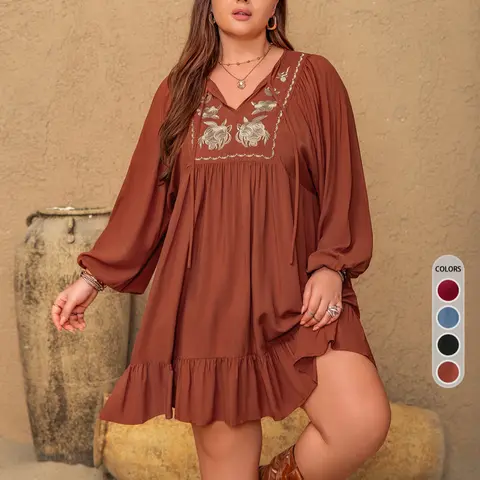 Plus Size Women's Boho Bohemian Style Floral Embroidered Tie-Neck Dress, Bishop-Sleeve Woven Dress for Vacations and Holidays, Casual Fall & Winter Wear