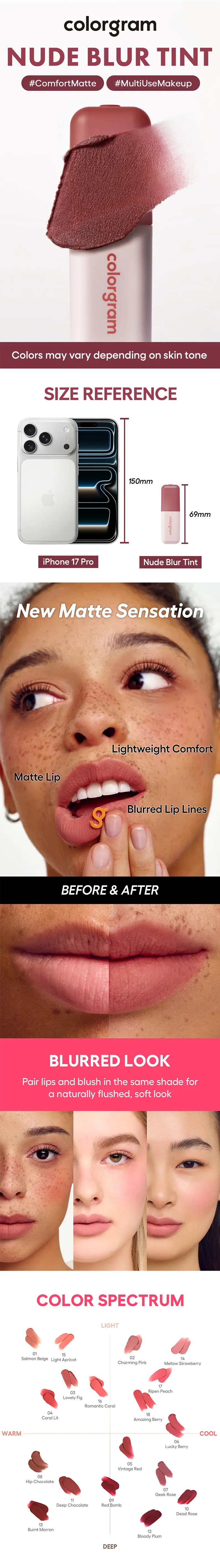 Product Introduction of Colorgram Nude Blur Tint &ndash; soft velvet matte lip & cheek stain with airbrushed finish & long-lasting comfort 8