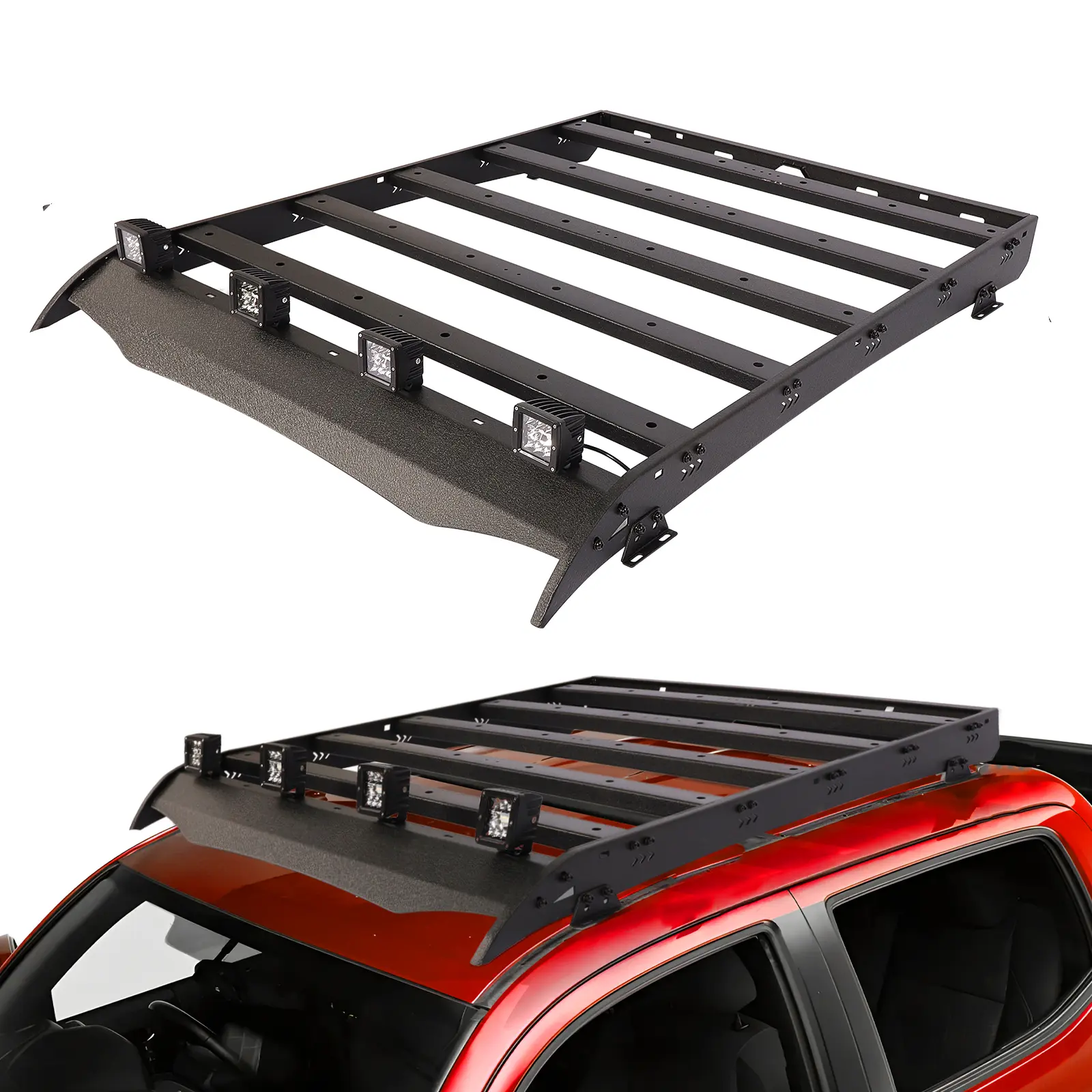 Textured Black Steel Roof Rack Cargo Basket Luggage Carrier with 4x18W LED Lights, 300 lbs Capacity, 56.4x50.7x5.3 Inches, Aerodynamic Streamlined Design, Double Cab Fitment for 2005-2023 Toyota Tacoma 2nd Gen-3rd Gen, Crossbar Compatible, Led Lighting, F