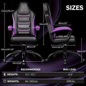 2024-NEW-Ergonomic Computer Gaming Chair, Home Office Desk with PU Leather Lumbar Support, Height Adjustable Big and Tall Video Game, Swivel Wheels for Adults, Purple