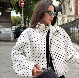 Women’s Polka Dot Oversized Bomber Jacket Zip Up Long Sleeve Outerwear