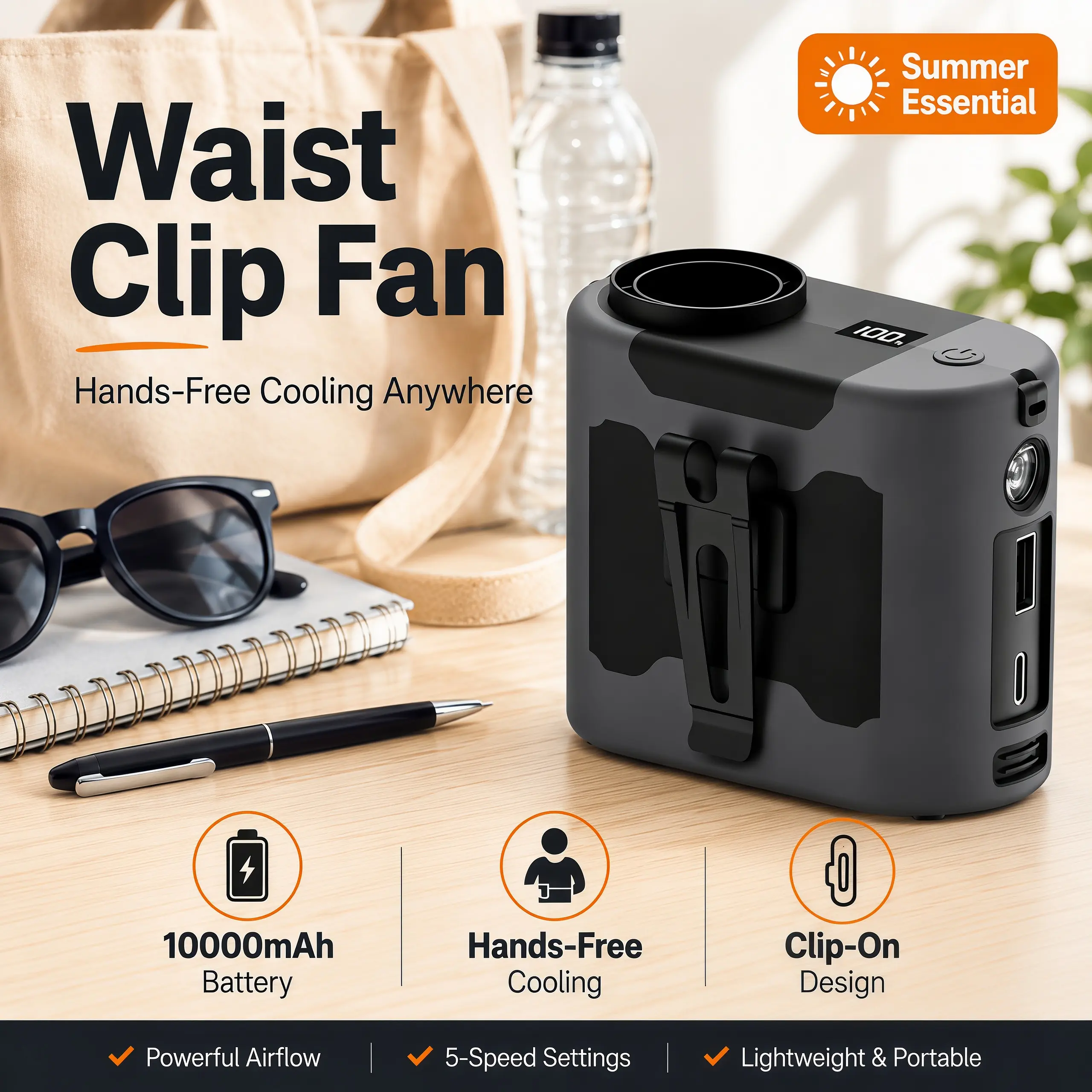 Portable Neck & Waist Fan, Hands-Free Clip-On Personal Fan with 10000mAh Battery, 5 Speeds, Power Bank & LED Light, Wearable Cooling Fan for Outdoor Camping Sports Travel Work, Summer Gift