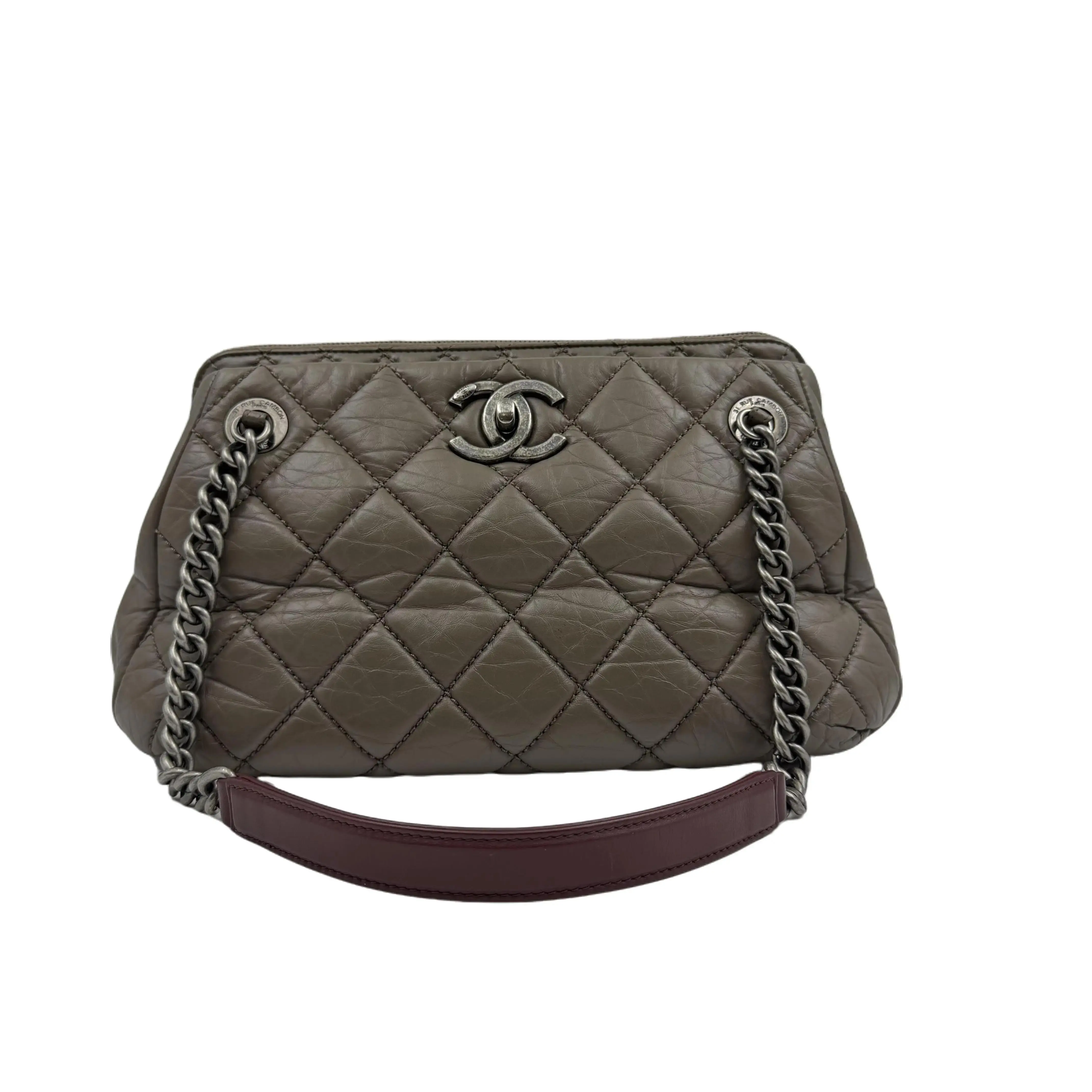 Pre-owned CHANEL h3 "Bombay" Grey Brown Calfskin Tote Handbag Chain Shoulder Bag, Style 62325, Handbag Shoulder Bag