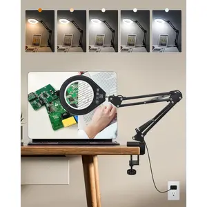 Magnifying Glass with Light, 10X & 5X Real Glass & Anti-Glare Lens, 5 Color Mode Stepless Dimmable LED Desk Magnifying Lamp, Hands-Free Desk Lamp with Clamp for Crafts Reading Repair Hobby (White)