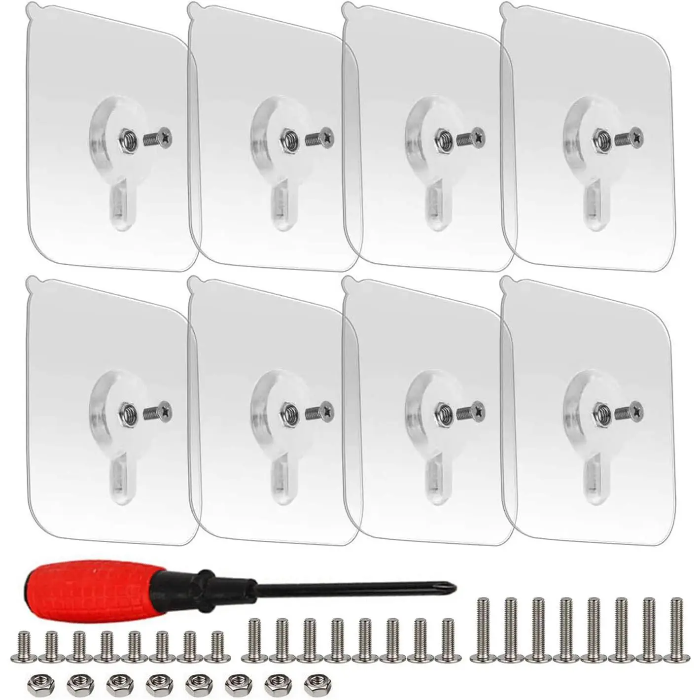 8-Set Adhesive Screws Wall Mount Hanging Nails No-Trace No Drilling Stick-on Sticky Screw with 3 Different Size Screw for Bathroom Kitchen Storage Room Tile Wall Shower Room