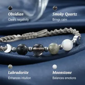 Mystical Crystal Energy Bracelet – Flexible Moon Phase Style Featuring Obsidian, Smoky Quartz, Labradorite & Moonstone. Handcrafted Spiritual Jewelry for Negative Energy Cleansing, Anxiety Calm, Stress Relief and Emotional Stability