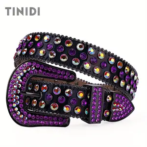 Luxury purple rhinestone men's leather belt Western crystal rivets belt jeans Men's gift