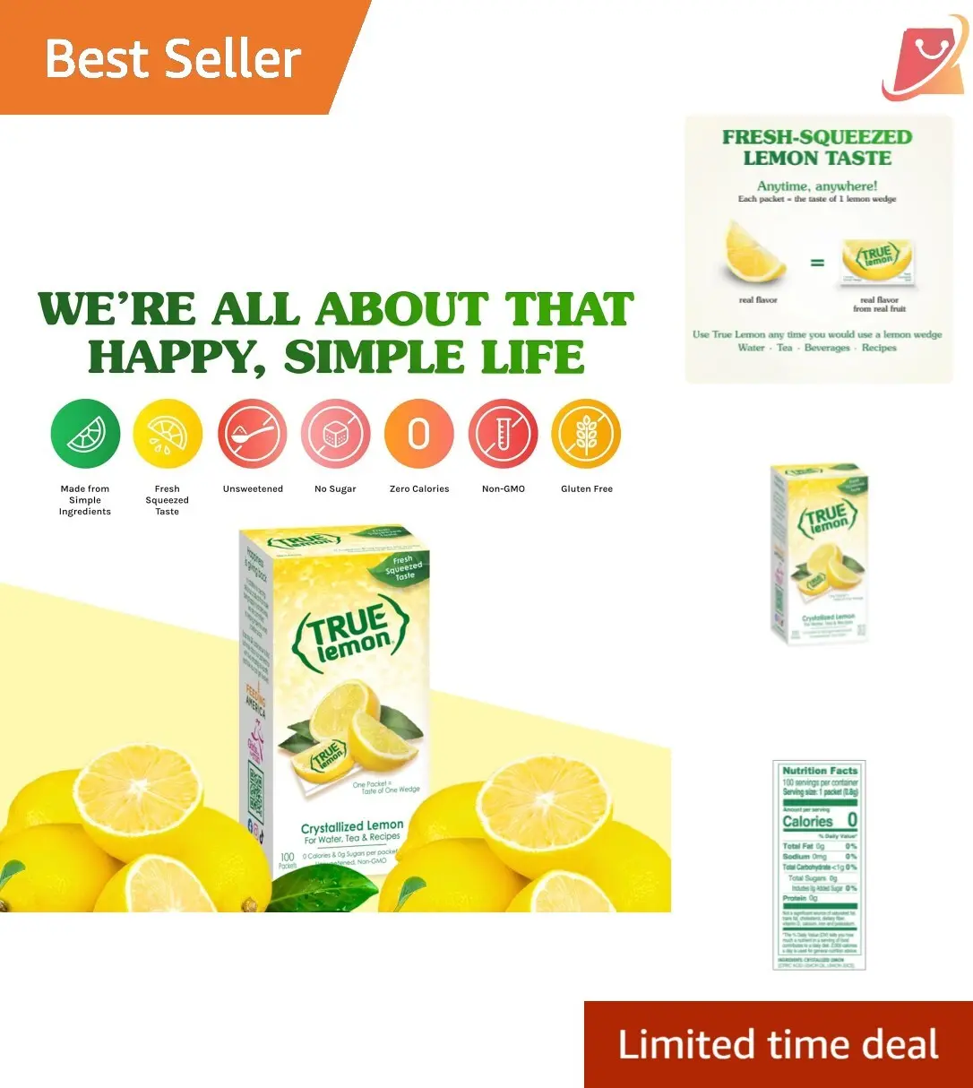 100 Pack TRUE LEMON Water Flavoring Packets - 0 Cal, Fresh Lemon Taste Anywhere