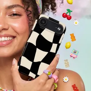 Wavy Checkerboard Glossy Tough Phone Case 11 to 17 series S23 to S25 - Black White Distorted Checkered Pattern Protect Phone Case - Minimal Retro Indie Aesthetic Gift for Cases For 11 12 12Pro 12 Promax 13 14 15 16 17Pro
