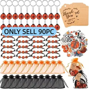 90pcs/10set Basketball Party Favors, Keychain & Bracelet Stickers, Organza Bag Included, Perfect Sports Theme Gifts for Birthdays