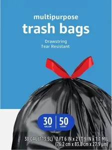 Multipurpose Drawstring Trash Bags, 30 Gallon, 50 Count (Previously Solimo)