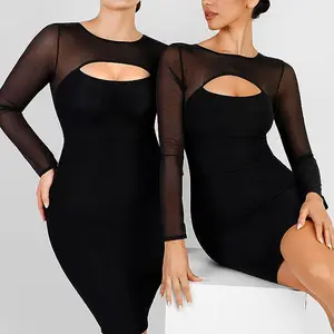 FeelinGirl Shapewear Dress Long Sleeve Bodycon Sheer Mesh Seamless Breathable Casual Fabric Dresses Soft Womenswear Simple SALE