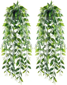 Der Rose 2 Pack Fake Hanging Plants Small Artificial Plants Faux Pea Pod Plants Indoor for Aesthetic Living Room Office Shelf Decor Faux Hydrangea Round Kitchen Pot