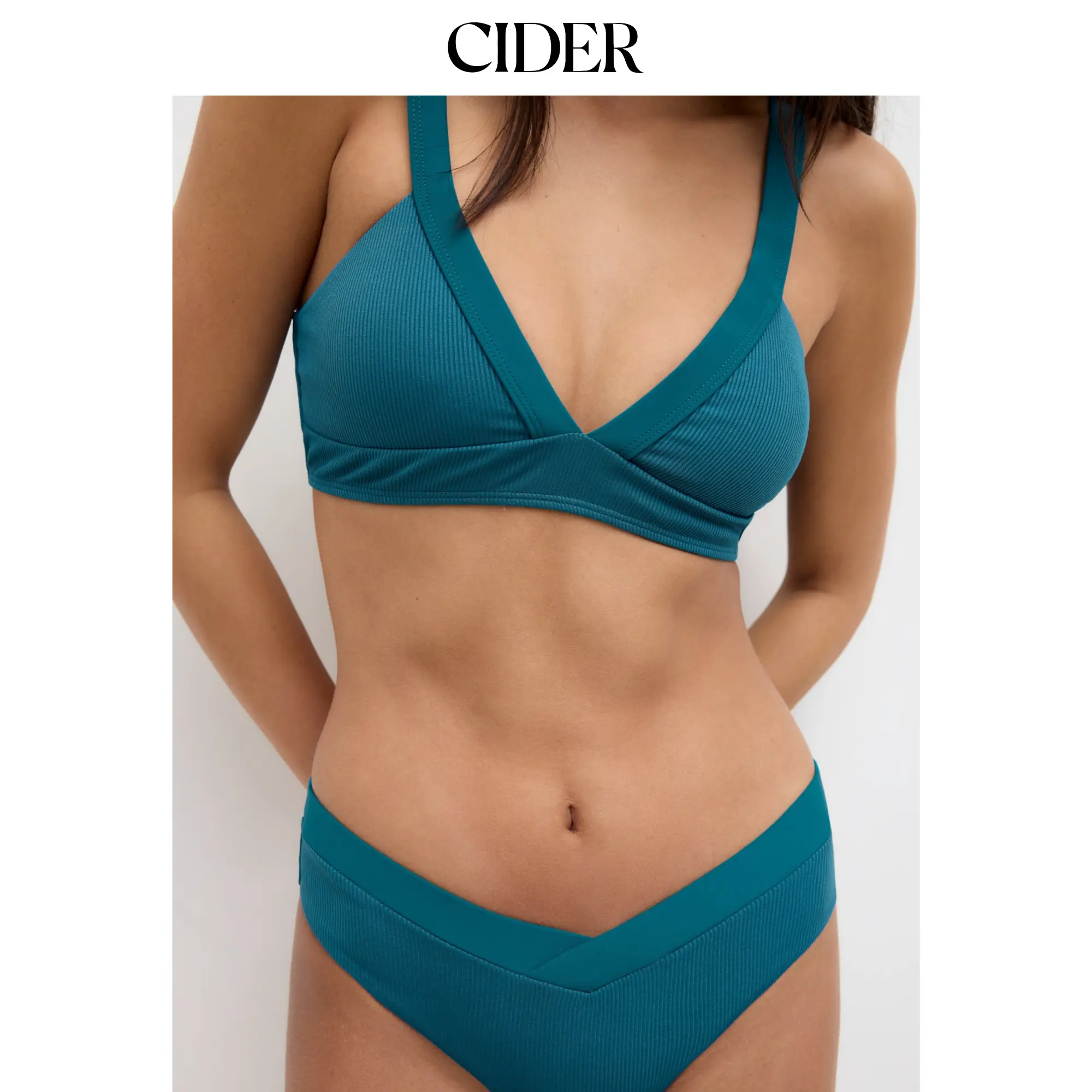 Cider Women's Solid Ribbed V-Neck Criss Cross Bikini Sets, Stretch Polyester Cropped Top Beach Wear Swimwear