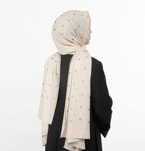 Grid Patterned Chiffon with Rhinestone Shawl Hijab - Light Mink