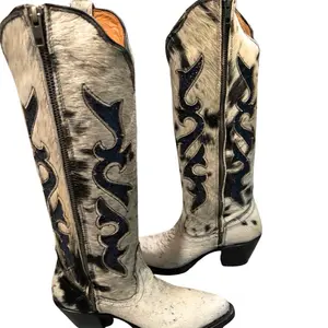 Full Zipper Cow Hide Boots with Glitter Women's Cowboy Boots Featuring Intricate Black Patterns and White Design