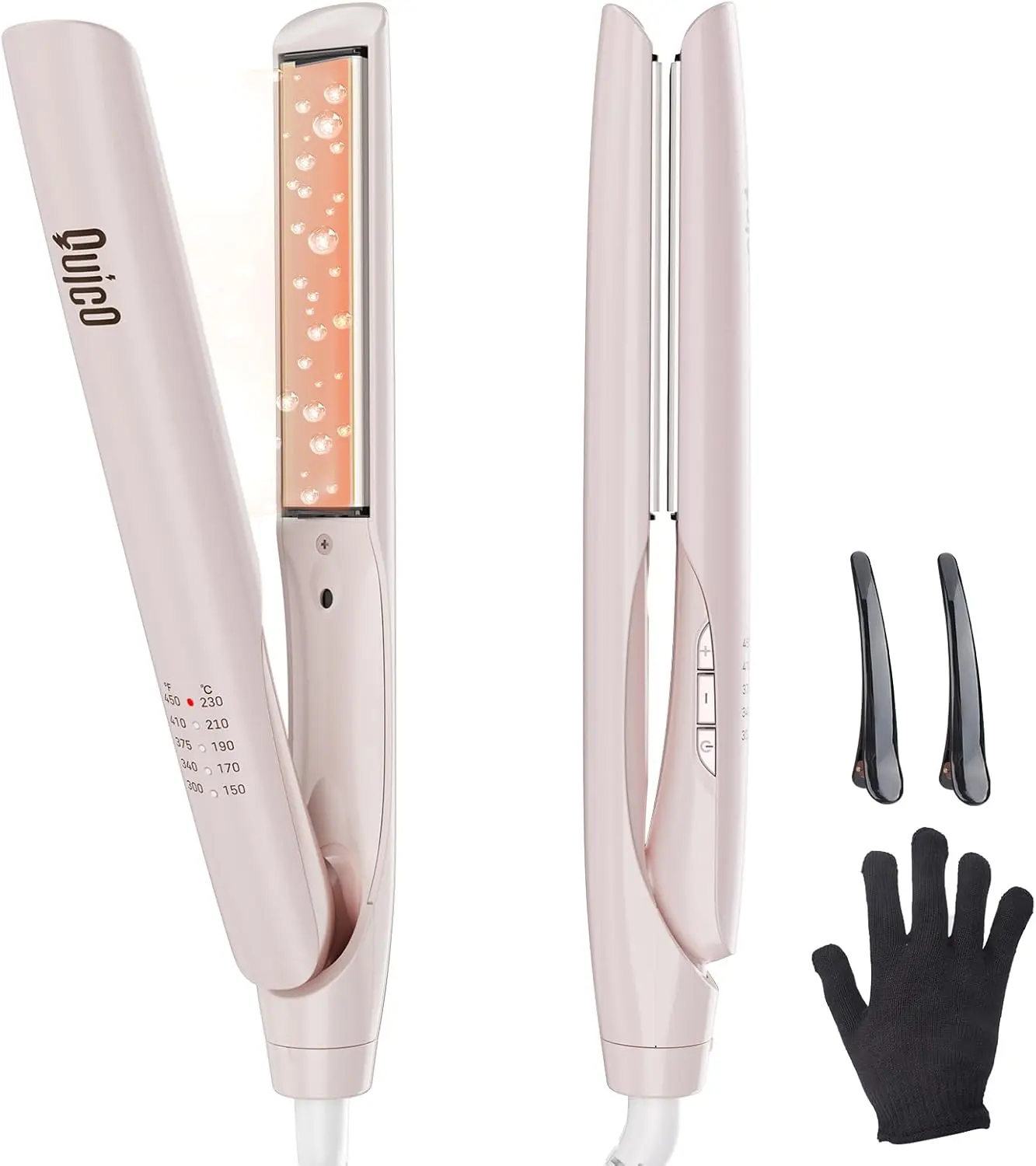 Quico Hair Straightener, 100-240V Dual Voltage Hair Straightener and Curler | Upgrade Straighteners for Women 15s Heat up, Professional Negative Ion Ceramic Flat Iron Less Frizz, 5 Temp & Auto-Off, Pink
