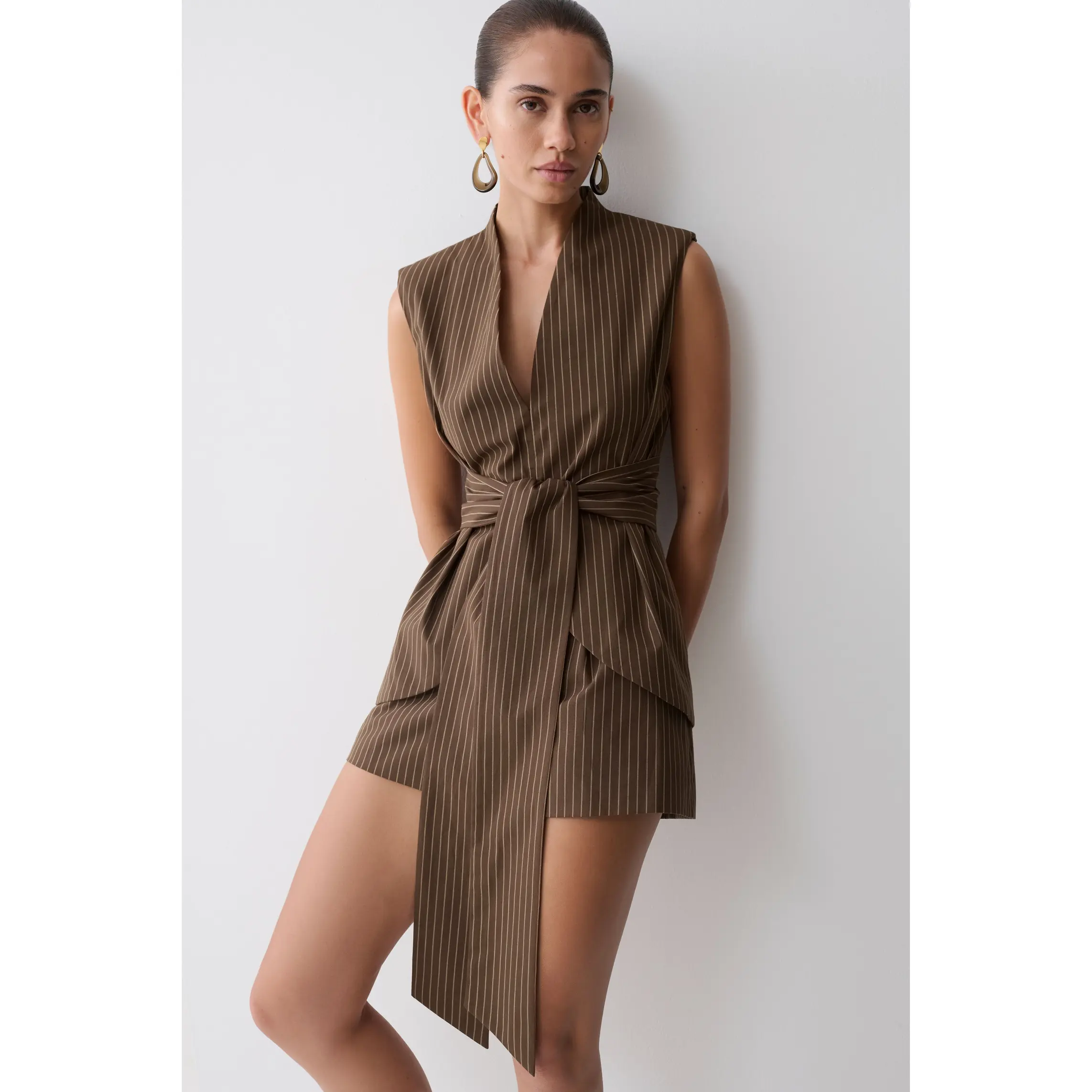 Alina Waist Tie Sleeveless Top - Chocolate