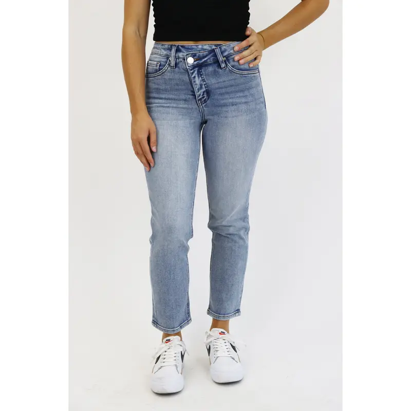 Cross Button Ankle Crop Slim Straight Jeans - Vintage Wash