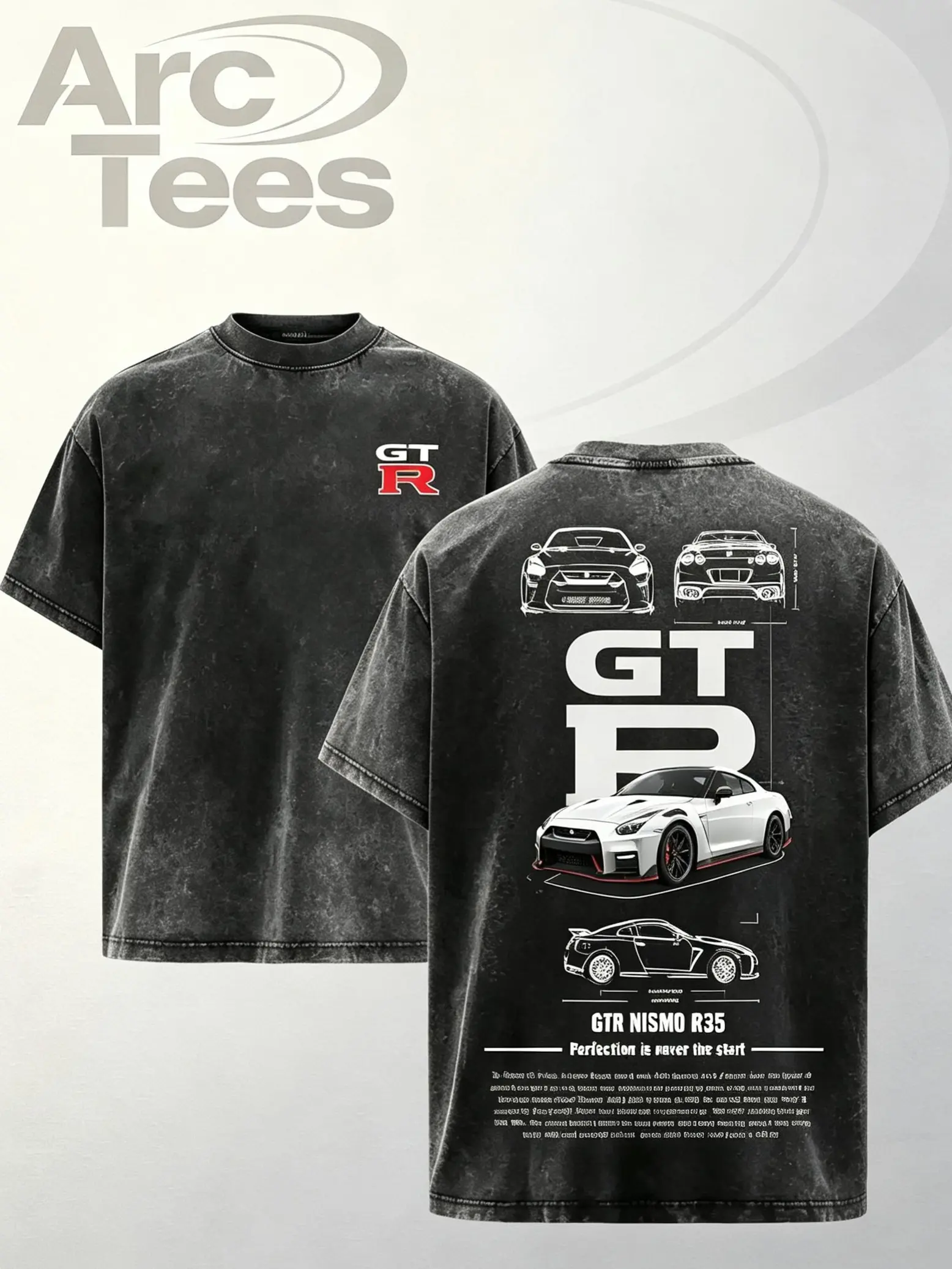 [ArcT] Men's Washed Vintage GT-R R35 Graphic T Shirt, Oversized 100% Cotton Streetwear Tee, JDM Car Racing Shirt, Japanese Sports Car Lover Gift, Y2K Retro Casual Short Sleeve Top