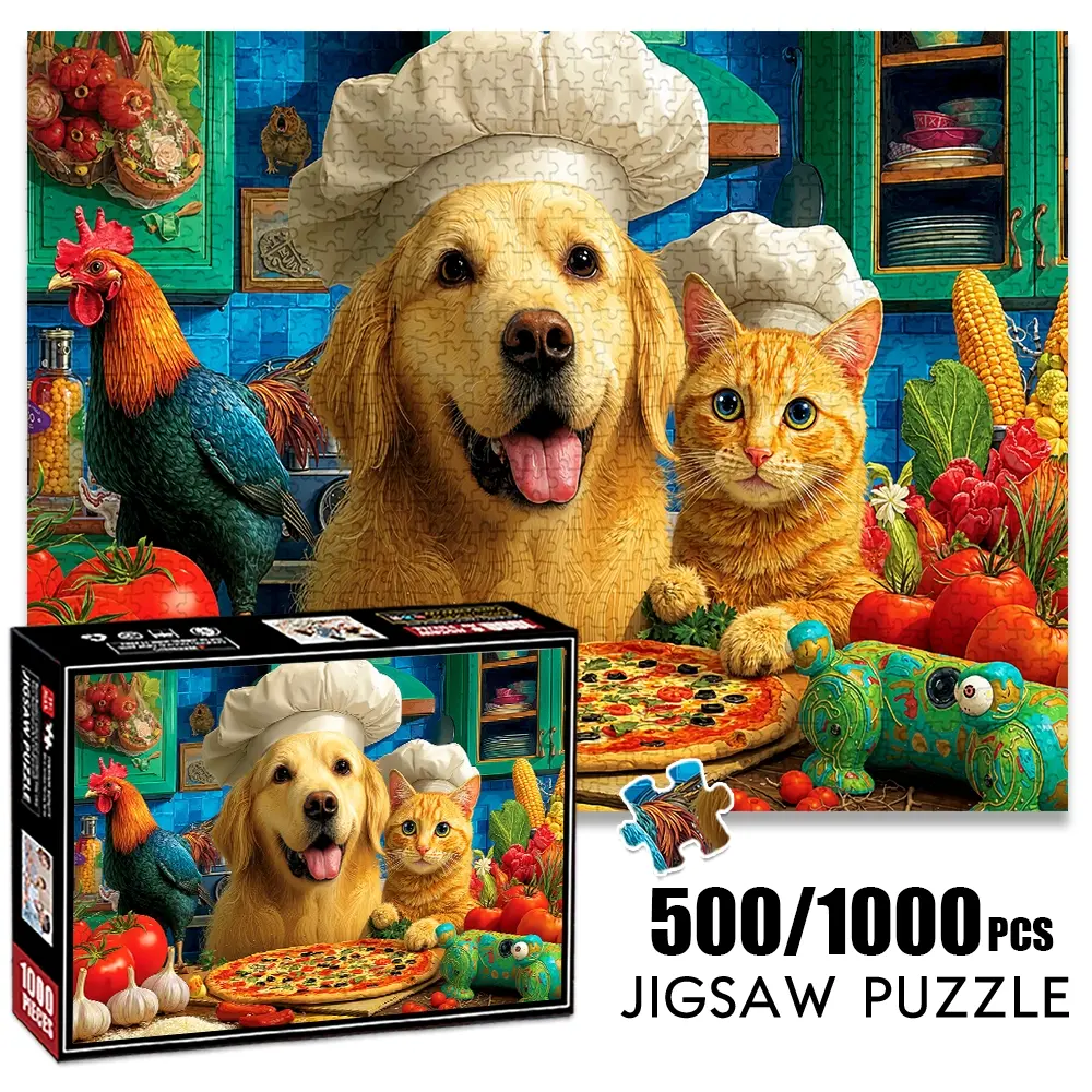 1pc 1000 piece adult puzzle 70x50cm Dog, Cat in Chef Hats with Rooster and Pizza 500 pieces paper jigsaw puzzle suitable for DIY creative games for adults and families, birthday and holiday stress