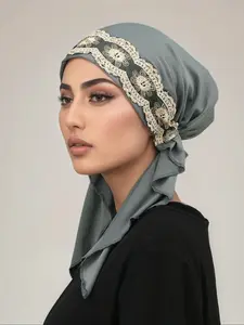 Elegant Muslim Women Scarf with Lace Embroidery, Stretchable Jersey Hijab for Various Occasions, Wave Edge Headscarf Cap, Turban Hijab