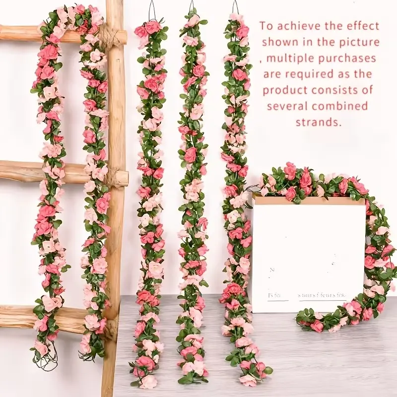 5pcs Artificial Pink Rose Garland, Faux Flower Vine with Green Leaves, Low-Maintenance Fake Plant for Spring Decor, Wedding Arch, Party, Valentine'S Day, Birthday And Festival Occasions