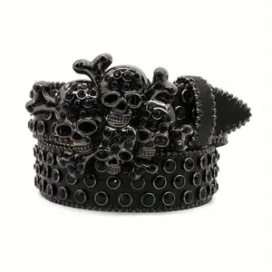 Street Style Punk Skull Studded Belt with Rhinestones, Unisex Hip Hop Fashion Decorative Belt, PU Leather with Alloy Buckle - 1Count