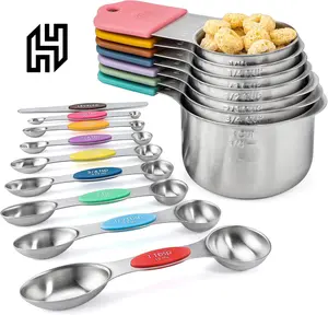 Magnetic Measuring Cup And Spoon Set Heavy Duty 304 Stainless Steel 16pcs With Level For Dry Ingredients Kitchen Tools - Utensils