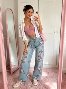 High-Waisted Light Blue Floral Print Wide-Leg Jeans, Rose Pattern Design, Comfortable & Breathable, Perfect for Spring & Summer