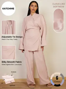 Katch Me Chic Women's Muslim Fashion Plain Trendy V Neck Long Sleeve Wrap Top & Wide Leg Trousers Co-ord,Comfort Basic Co-ord Set for Lady Spring & Fall,Minimalist Two Piece Outfits,Comfortable Womenswear