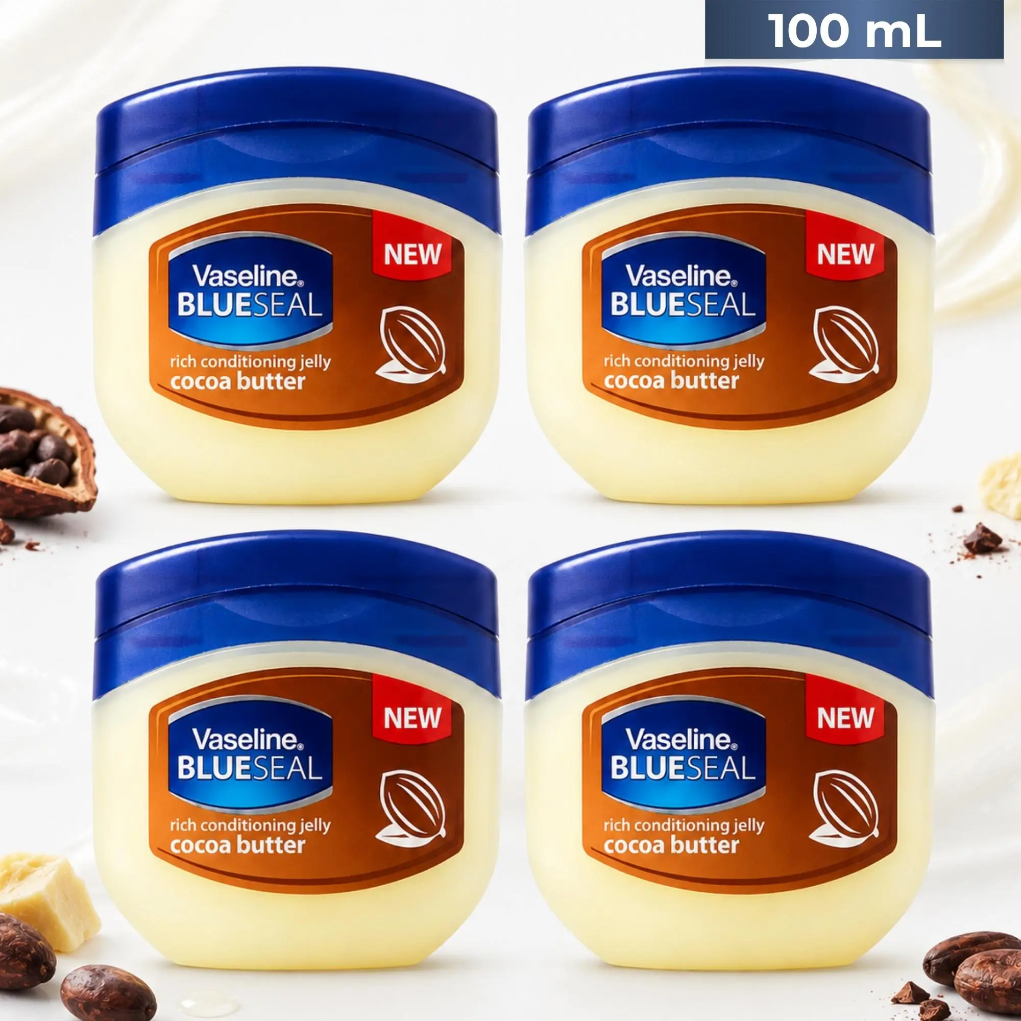 Vaseline Blue Seal Cocoa Butter Petroleum Jelly Value Bundle, Classic Jar Multipack Bulk (100mL/3.4oz) - Triple Purified Occlusives Lock Deep Moisture, Sensitive Safe Skin Healing Body Moisturizer for Dry Skin Relief, Apply After Bath