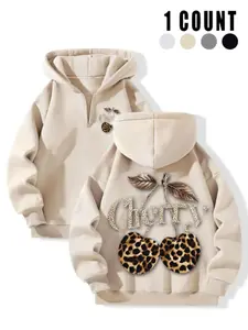 Campus Leopard Cherry Hoodie, Youthful Sweet-Cool Style, Half-Zip Design, Soft Fleece Fabric, Loose Fit, Casual & Practical, Winter Wear