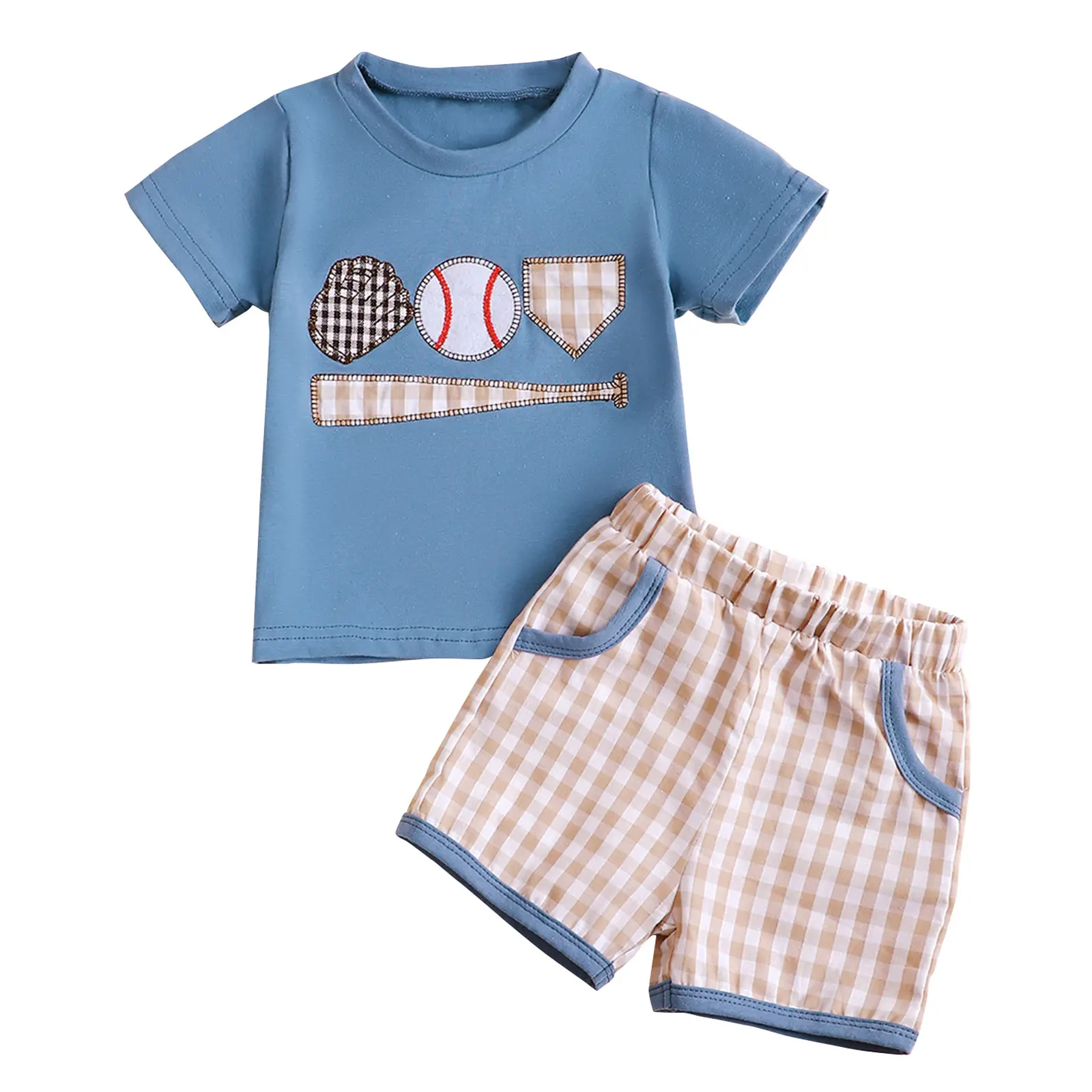 Toddler Baby Boy Shorts Set Baseball Embroidery Patch Short Sleeve T-Shirt Tops Elastic Waist Plaid Gingham Shorts with Pocket Two Piece Summer Outfit