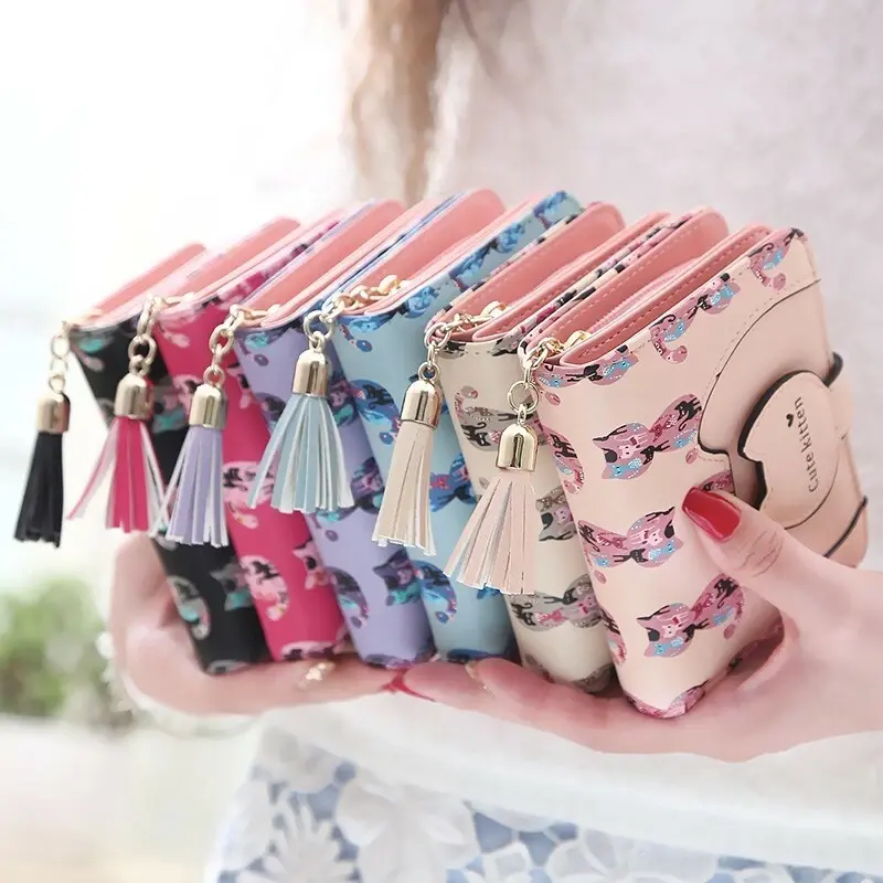 Cute Cat Women Short Wallet Leather Lady Small Coin Card Holder Money Purse US