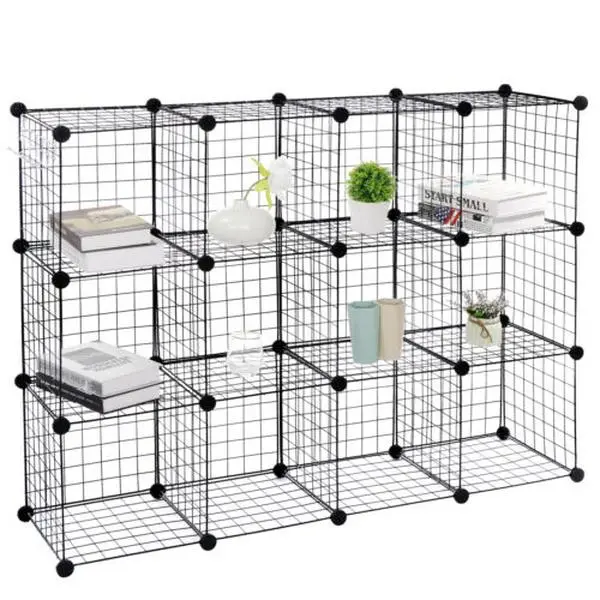 Black 12-Cube DIY Wire Storage Shelves - Metal Frame Expandable Multifunctional Racks with ABS Connectors, Plastic & Wood Components, 22 lbs Max Load, 36.6"x12.4"x48.6" Area, Baskets for Living Rooms to Organize Items, Rectangle Home Supply