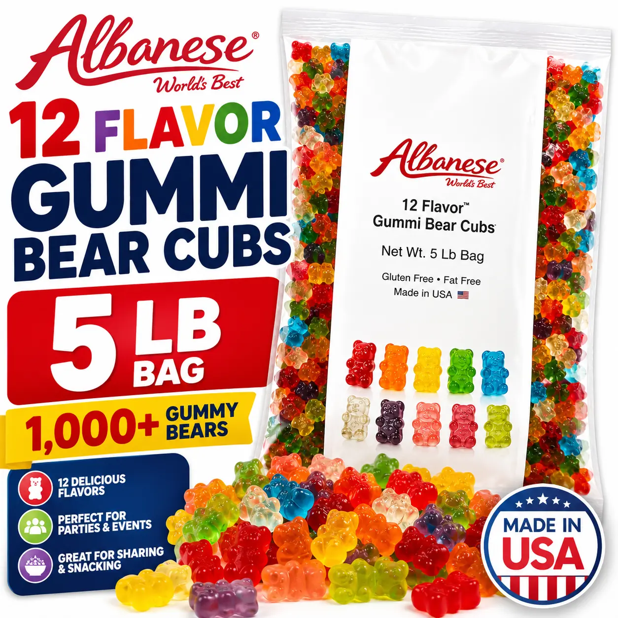 Albanese 12 Flavor Gummi Bear Cubs 5 lb Bag  Gourmet Assorted Fruit Gummy Bears | Bulk Soft & Chewy Candy for Parties & Snacking