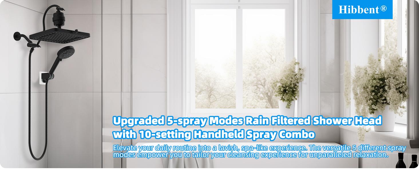 Hibbent Upgraded 5-spray 13'' Dual Filtered Rainfall Shower Head Combo, High Pressure 10-setting Handheld Shower Head 20 Stage Shower Filter,71'' Hose