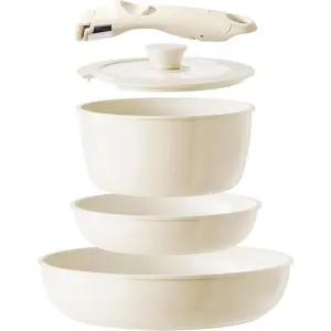 5-piece Ceramic Non-stick Cookware Set with Detachable Handle - Free from PFAS, PFOA, and PTFE