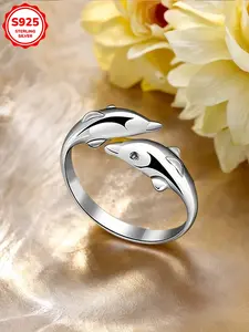 Women's S925 Sterling Silver Elegant Dolphin Open Ring, Adjustable Rings, Cubic Zirconia, Hypoallergenic, Daily Wear, Gift Jewelry