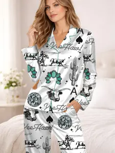 Cute Western Things Sublimation Cowgirl Spade Rodeo Satin Pajama Sets for Women, Western Print, Short Sleeve Top & Shorts, Comfortable Summer Sleepwear Set