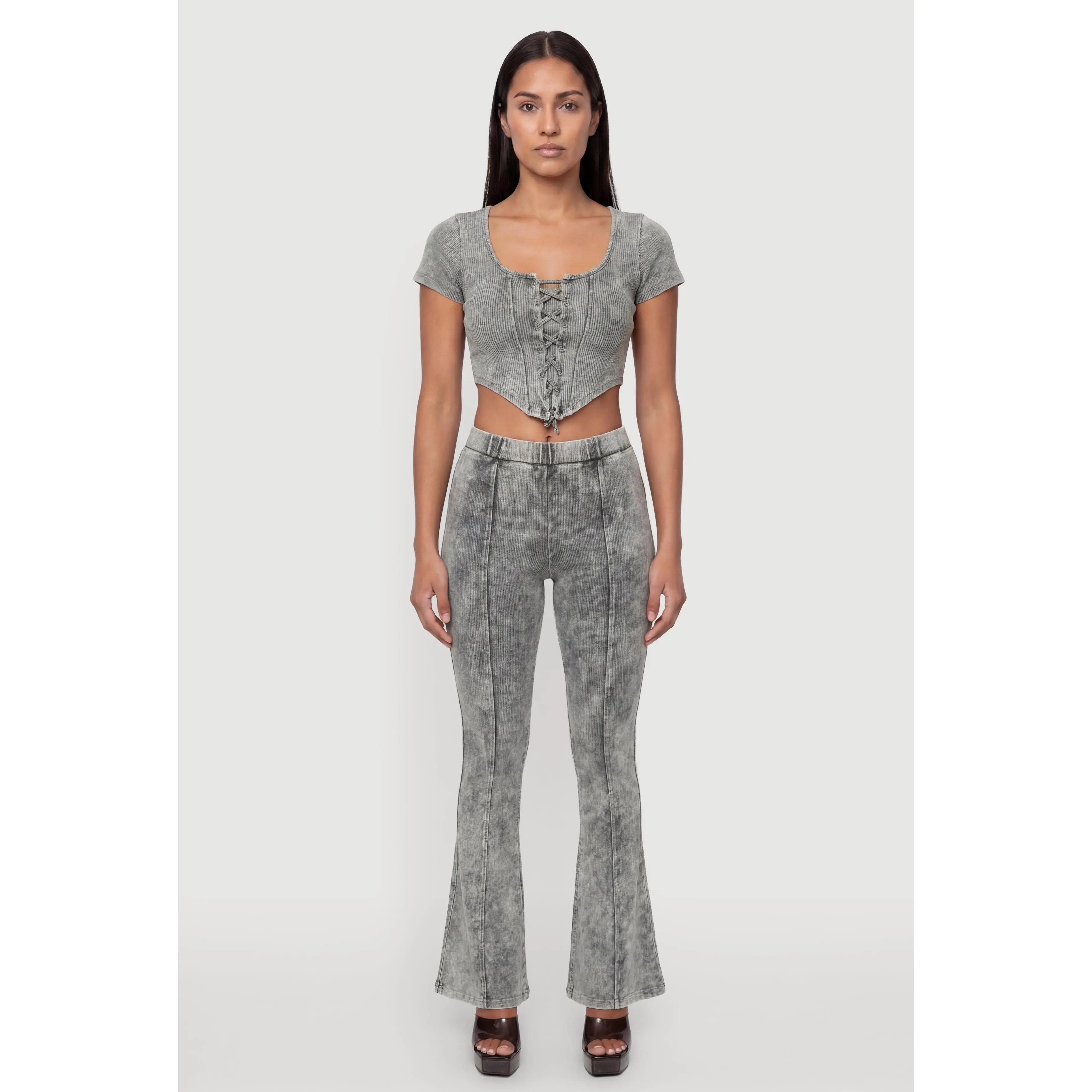 High Waisted Compression Rib Acid Wash Flare Pants