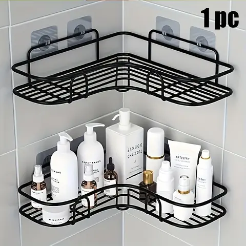 No Drill Corner Shower Caddy, Bathroom Organization, Bathroom Shower Organizers, Adhesive Black Metal Corner Shelf with Rust-Proof Mesh Design, Wall-Mounted Corner Organizer to Store Toiletries, Ideal for Bathrooms, Kitchens & Small Spaces
